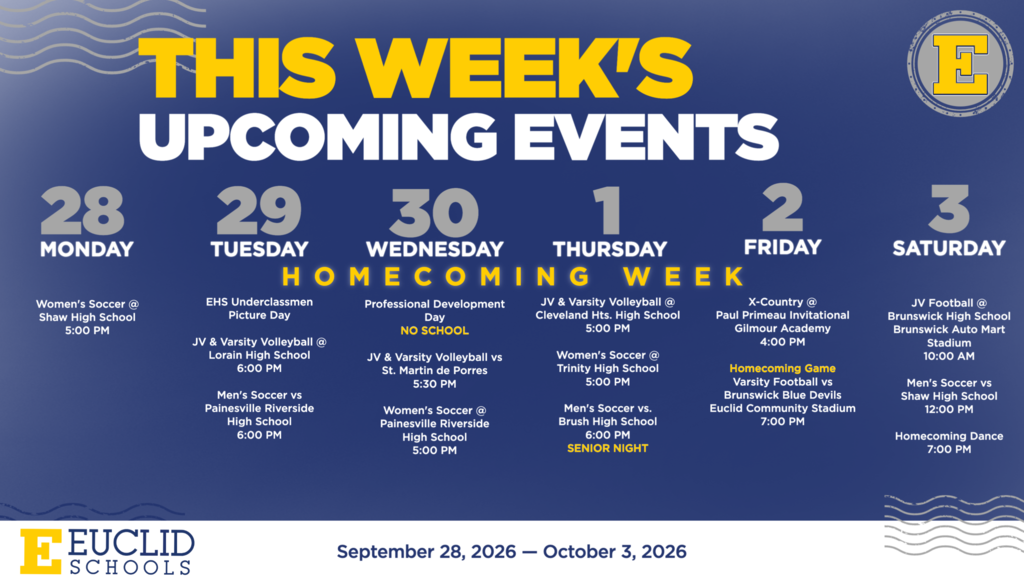 Event poster with blue background. Dates from September 28 to October 3 are listed. "Homecoming Week" is centered.