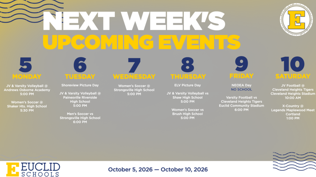 Weekly schedule from October 5, 2026 to October 10, 2026. Text on a gray background.