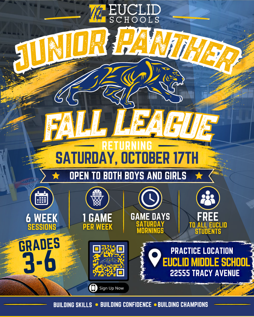 Poster for Junior Panther Fall League featuring a blue panther, basketball ball, and event details. Sessions run for six weeks, Saturdays.