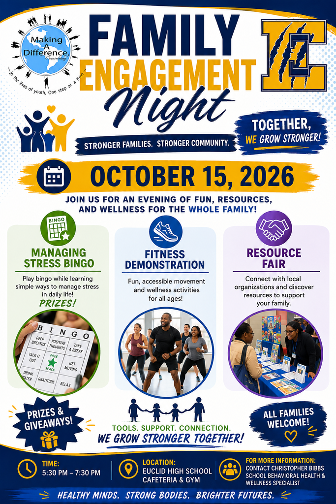 Poster with text "Family Engagement Night" and date "October 15, 2026". Sections titled "Managing Stress Bingo", "Fitness Demonstration", and "Resource Connection". Illustrations of families, people exercising, and people interacting.