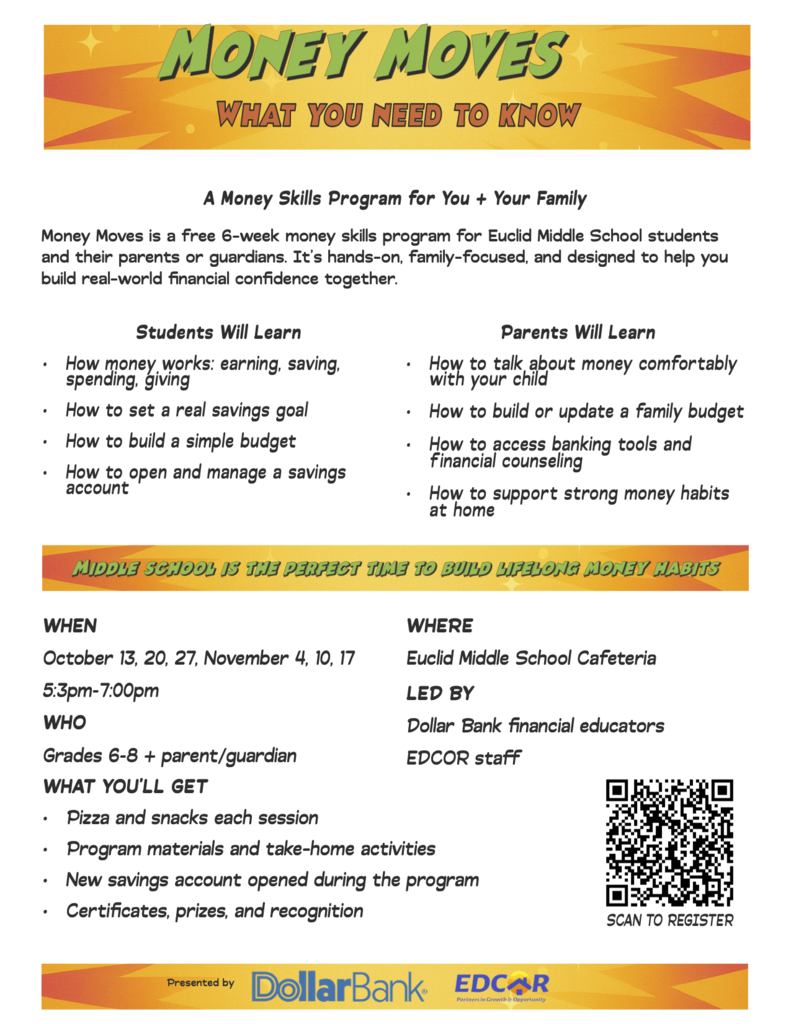 A flyer for Money Moves, a financial skills program, includes details on what students and parents will learn, dates, and where to register.