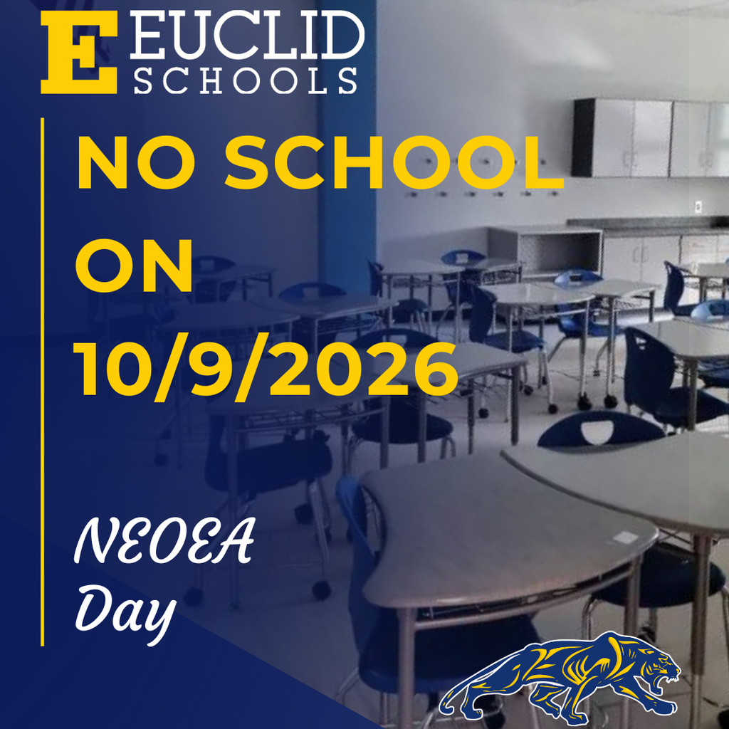 Euclid Schools announcement of no school on October 9, 2026, featuring a classroom setting with tables, chairs, cabinets, and a lion logo.