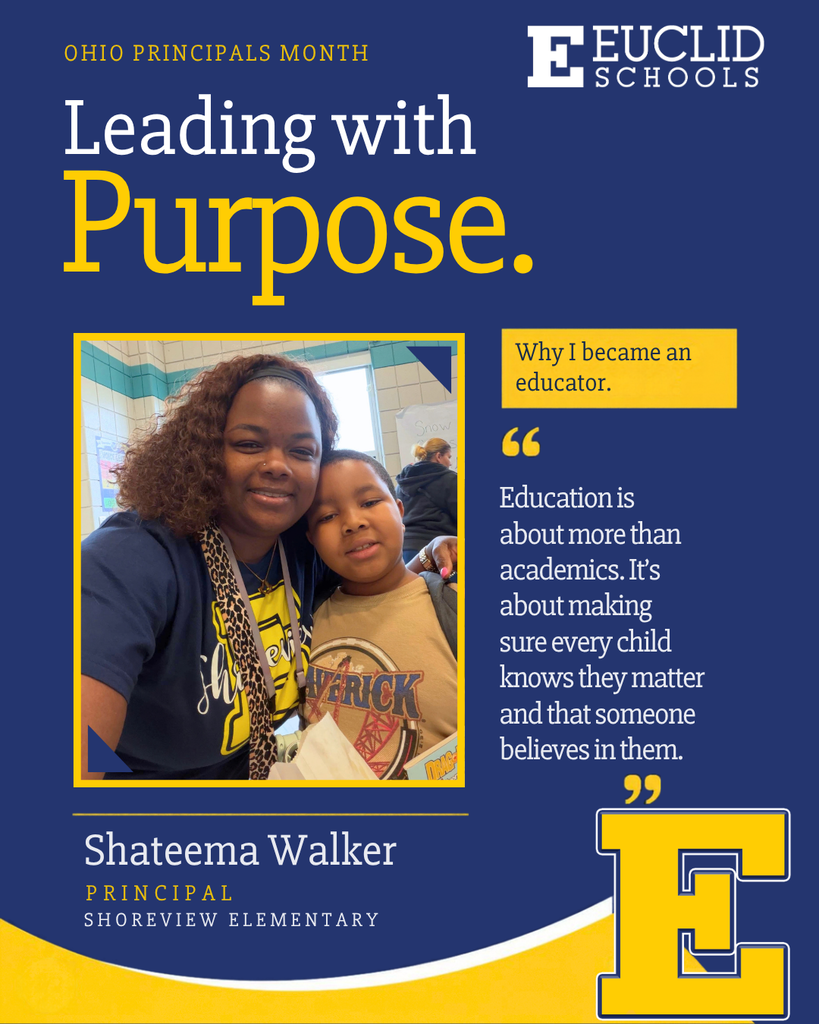 A blue background features a headline with "Leading with Purpose". Below it is an image of a woman and child. Text reads, "Why I became an educator."