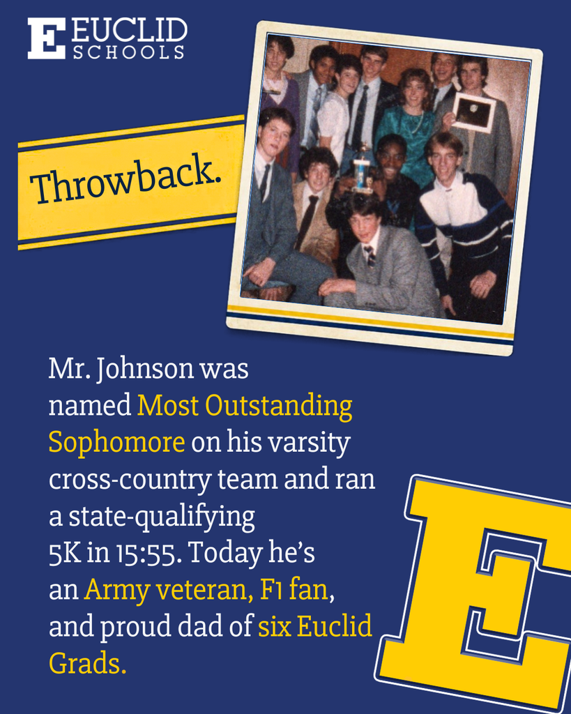 Blue background. A collage of students from a school yearbook, with the caption "Throwback." Mr. Johnson was named Most Outstanding Sophomore.