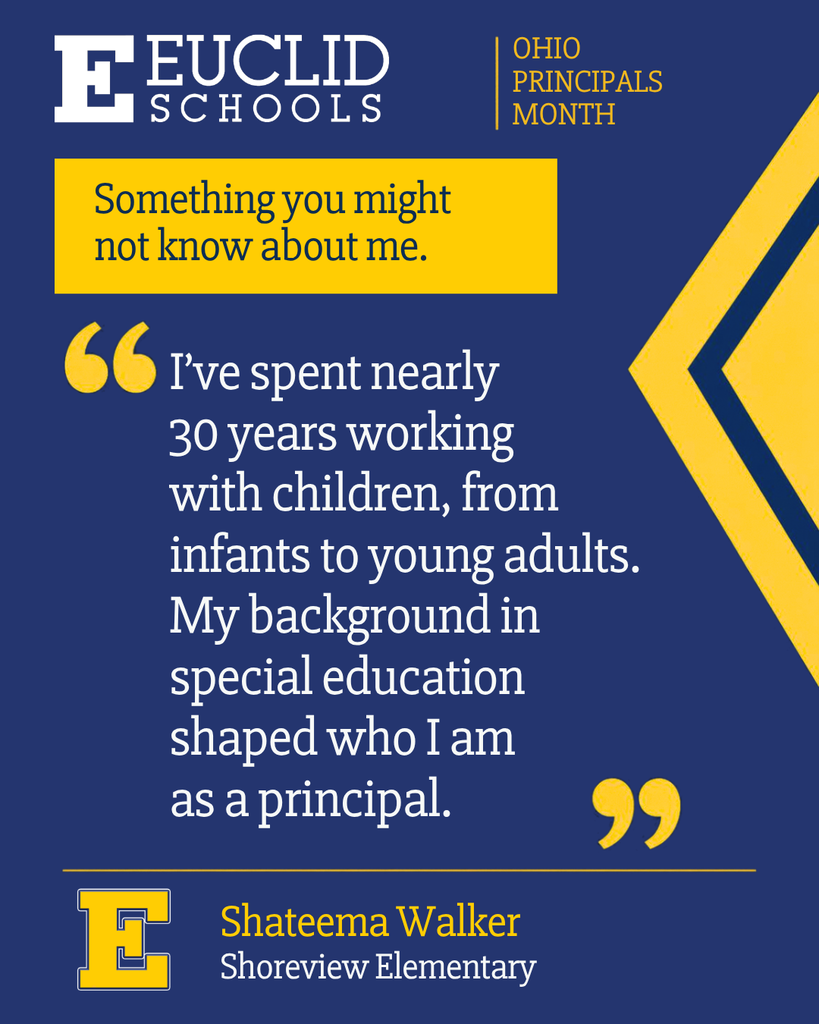 A blue background with a quote by Shateema Walker, principal at Shoreview Elementary, emphasizing 30 years in special education.