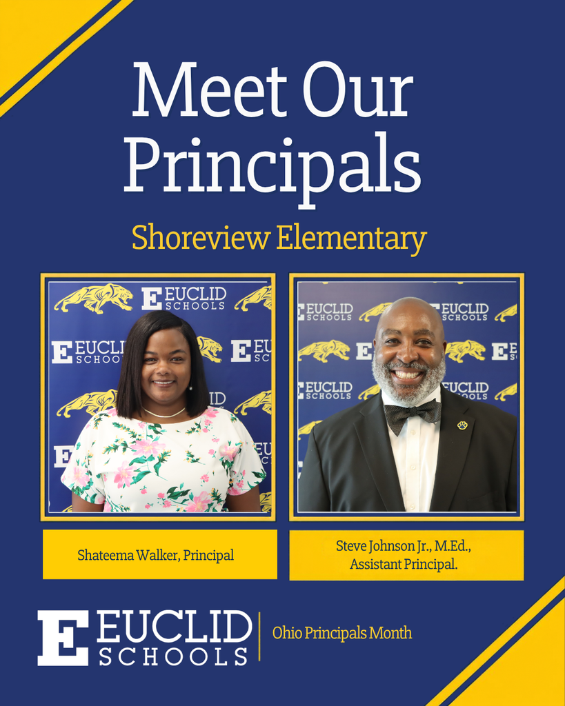 Blue background with two images, one of a smiling woman, another of a smiling man, and text that reads "Meet Our Principals" and names.