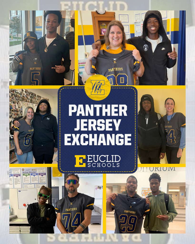 Multiple photos show students and staff holding jerseys. One photo in the center shows a woman holding a jersey.
