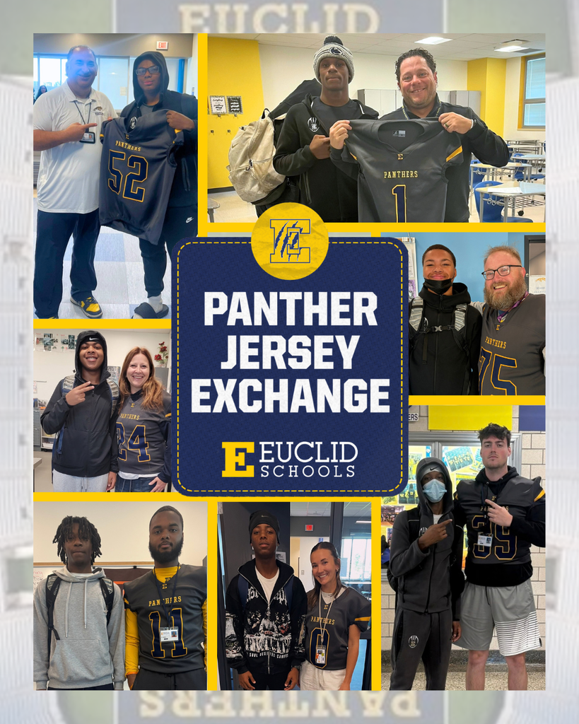 Multiple individuals, wearing different jerseys, stand in various settings. A blue sign reads "Panther Jersey Exchange" at the center.