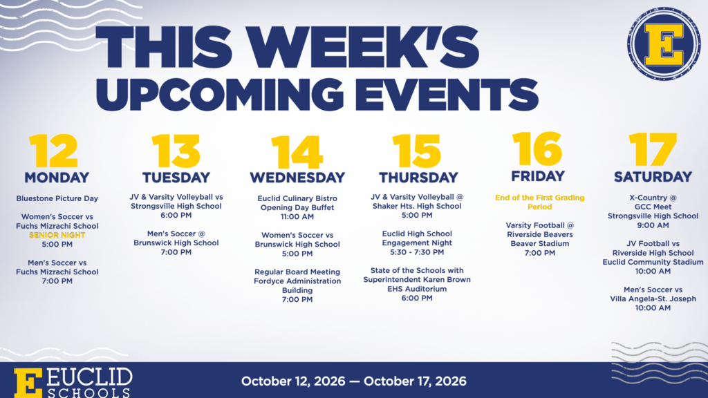 Schedule for October 12-17, 2026, with events on each day. Logo at top. "This Week's Upcoming Events" in bold.