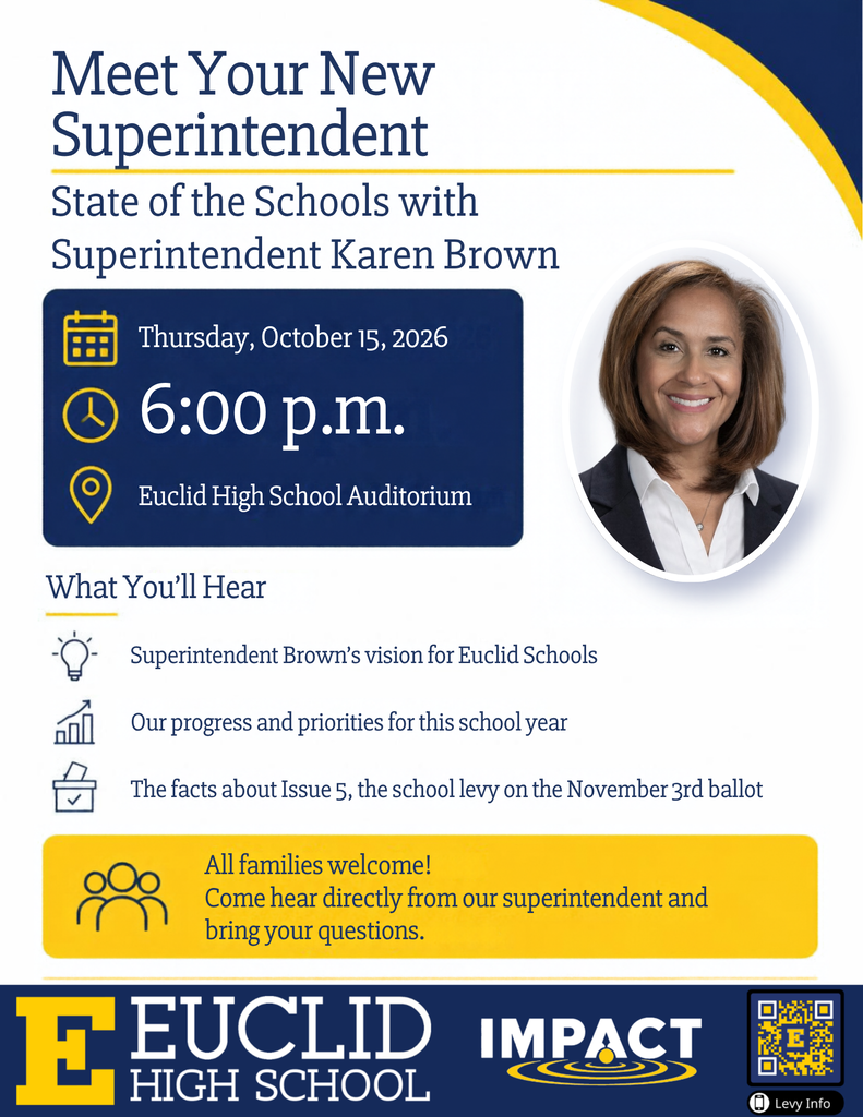Blue and yellow graphic with text "Meet Your New Superintendent" and an image of a smiling woman. Details include event date and time.