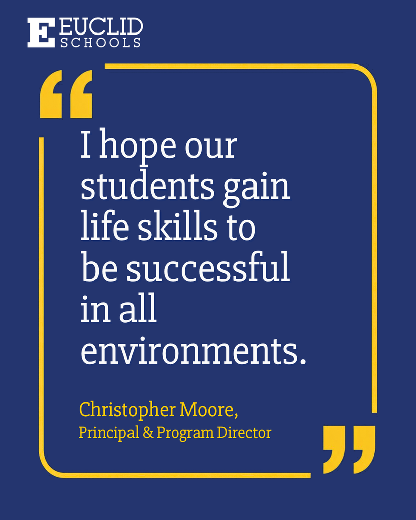 Blue background with white text. Yellow border. Quote reads, "I hope our students gain life skills to be successful in all environments."