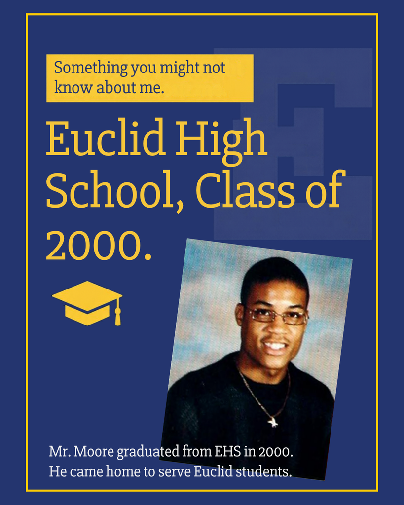 A blue background with white text. A photo of a smiling man in a black shirt and glasses. Text reads, "Euclid High School, Class of 2000."