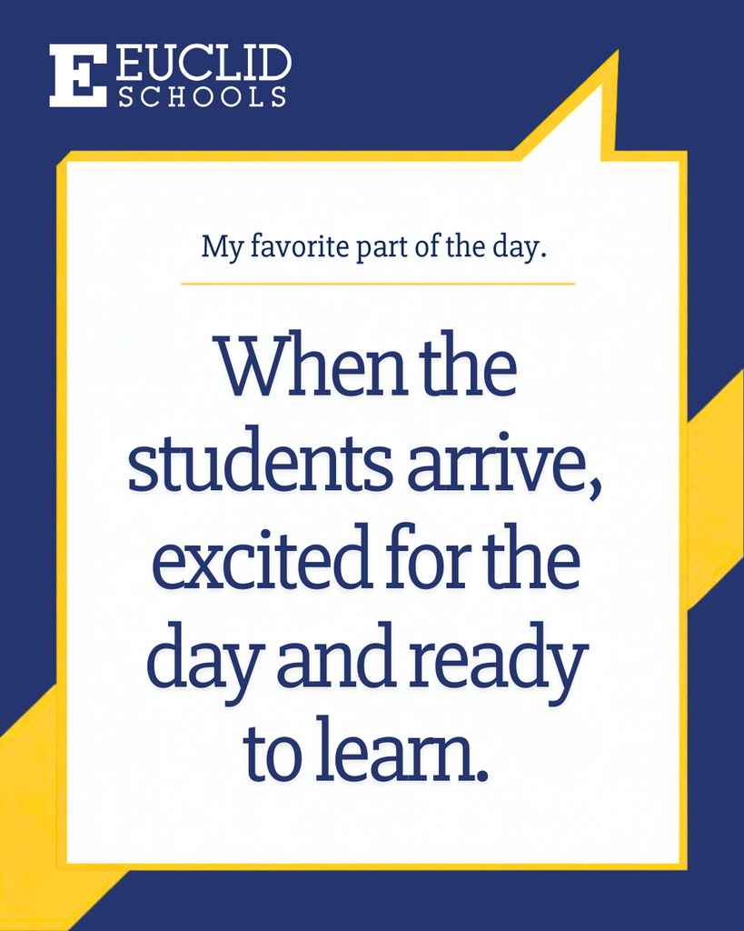 A white speech bubble on a blue and yellow background displays text from a teacher about their favorite part of the day.