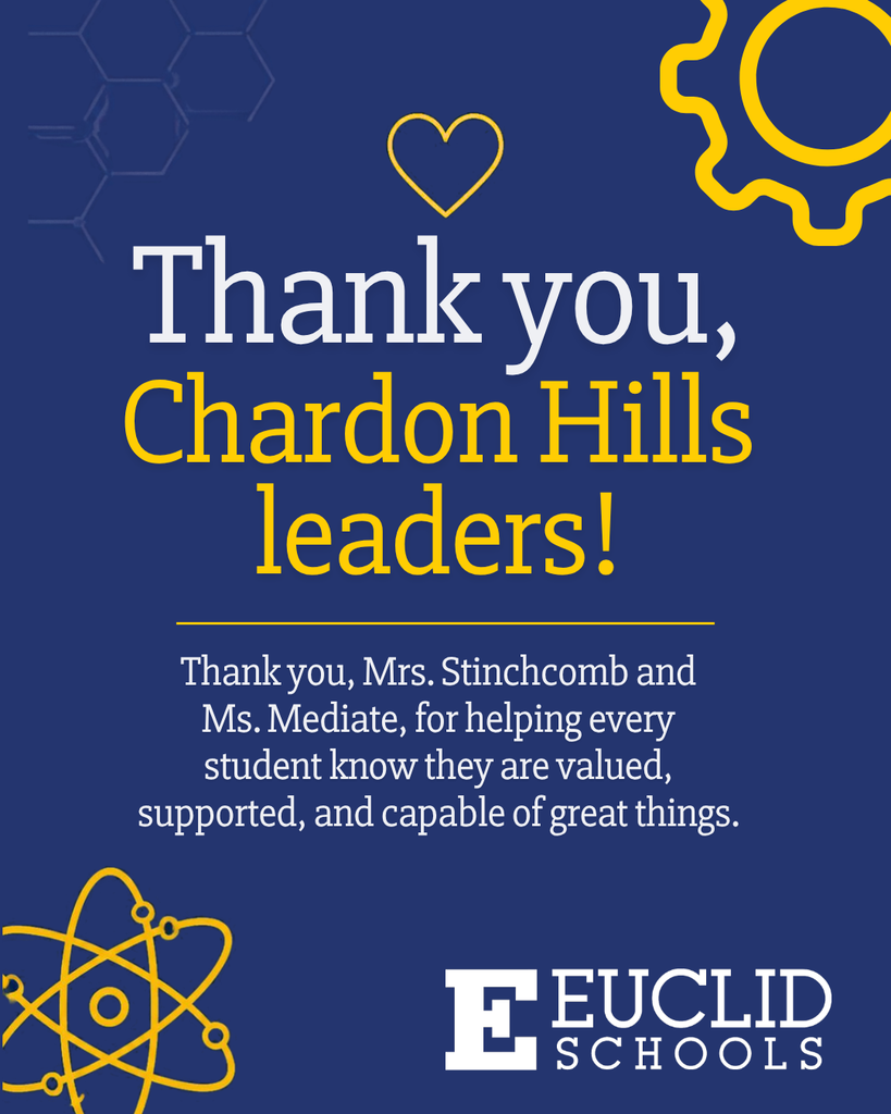 An advertisement features a blue background with a heart and gear icon. Text reads, "Thank you, Chardon Hills leaders!" Below, it thanks Mrs. Stinchcomb and Ms. Mediate for supporting students.