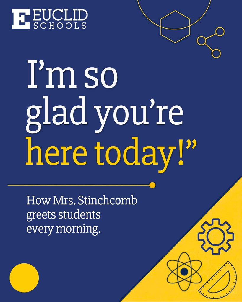 Blue background with white text. "I'm so glad you're here today!" and "How Mrs. Stinchcomb greets students every morning." Icons include a gear, atom, and triangle.