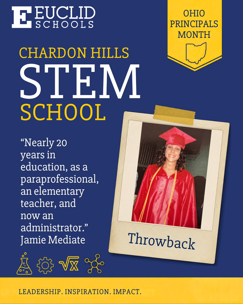 Euclid Schools ad for Chardon Hills STEM School with Jamie Mediate photo in red cap and gown.