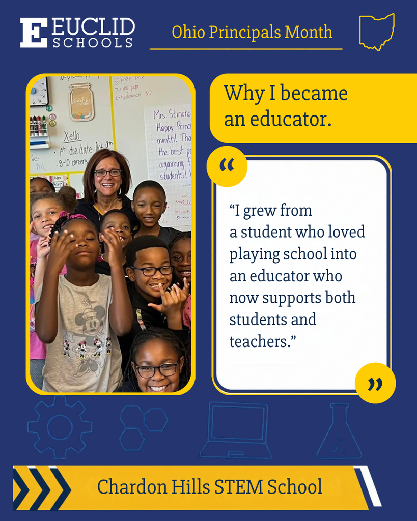 A collage of educators with students at Chardon Hills STEM School, showcasing a quote about the journey from a student to an educator.