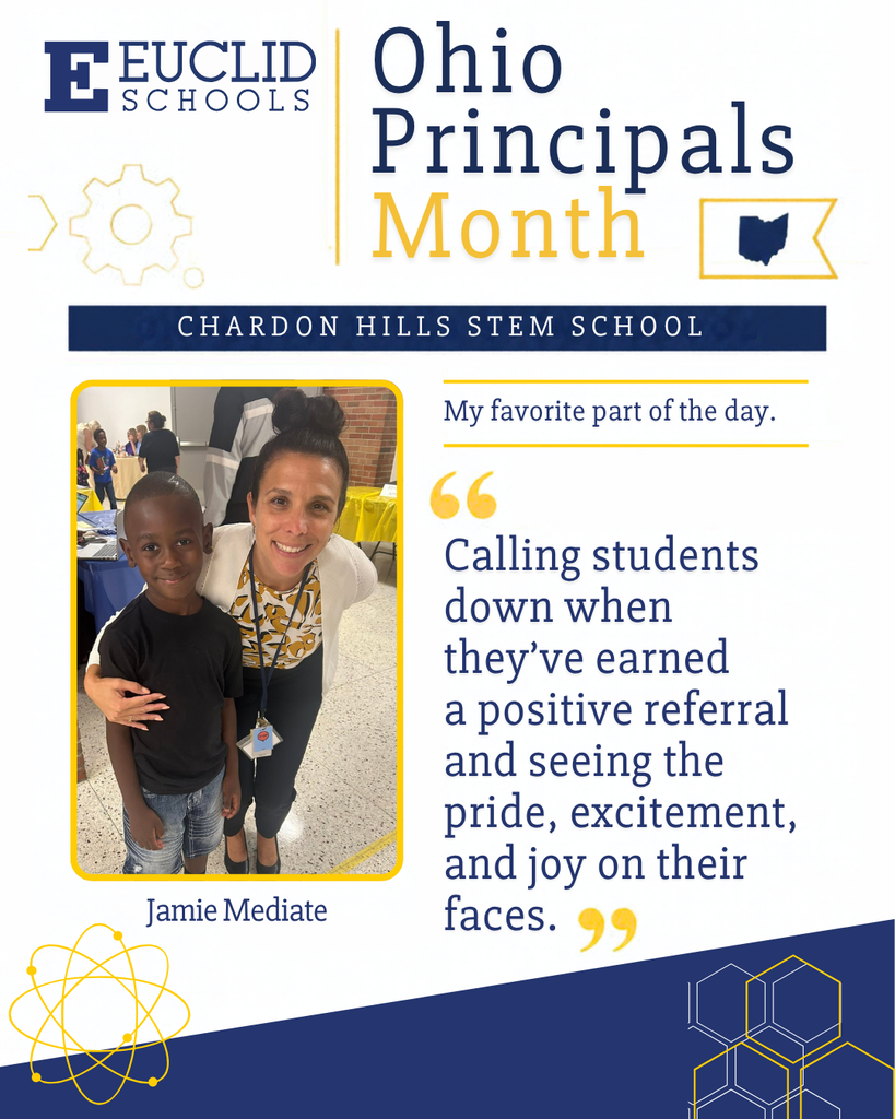 Text: "Ohio Principals Month". Below, a woman and child stand, smiling. "Calling students down..."