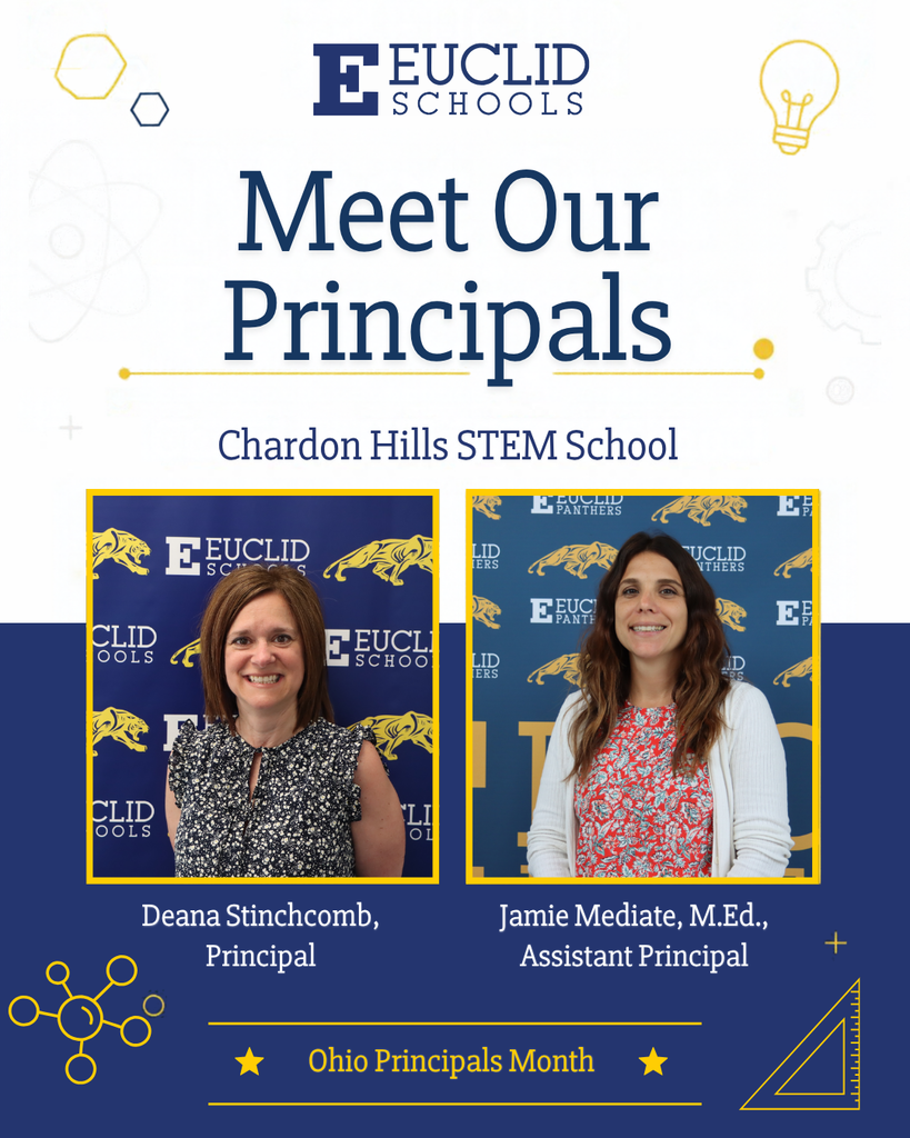 Blue background with Euclid Schools logo at top. Two photos of smiling women. Text reads: Meet Our Principals.