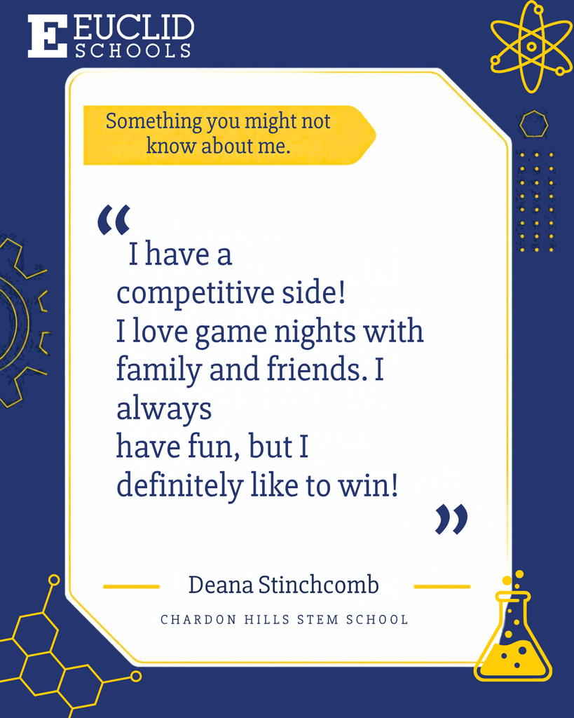 Blue background with a quote from a student. It reads, "I have a competitive side!" followed by, "I love game nights with family and friends. I always have fun, but I definitely like to win!"