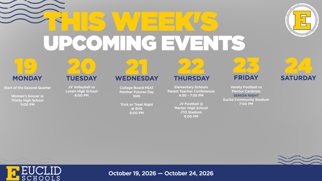 Weekly calendar for school events from October 18, 2023, to October 24, 2023, featuring five days with activities listed.