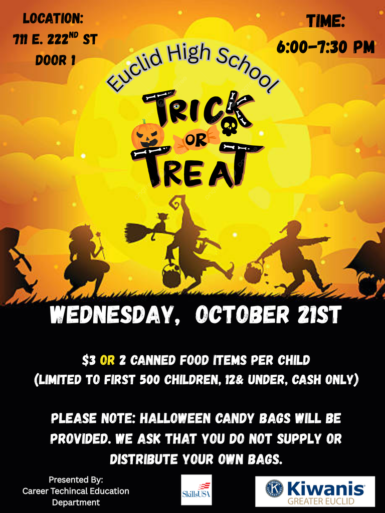 Advertisement for Euclid High School Halloween event. Shows children in silhouette with Halloween props.