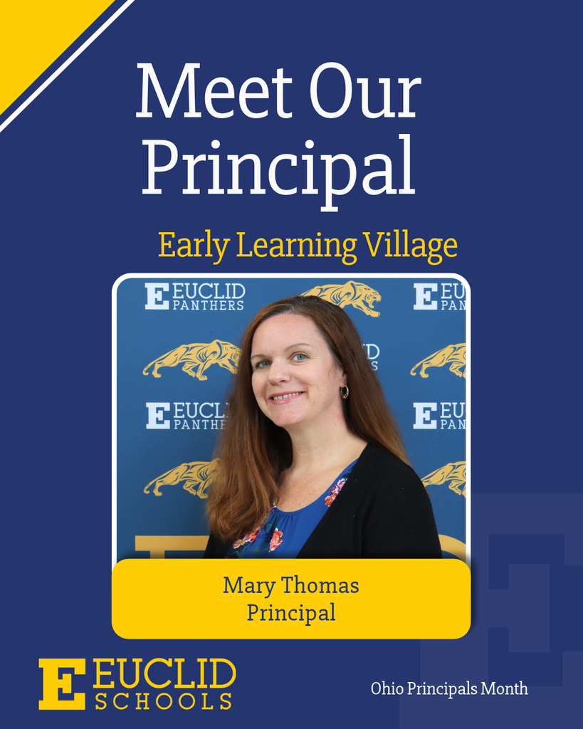 Blue banner with yellow border. A smiling woman in a blue shirt and black sweater. Text reads "Meet Our Principal".