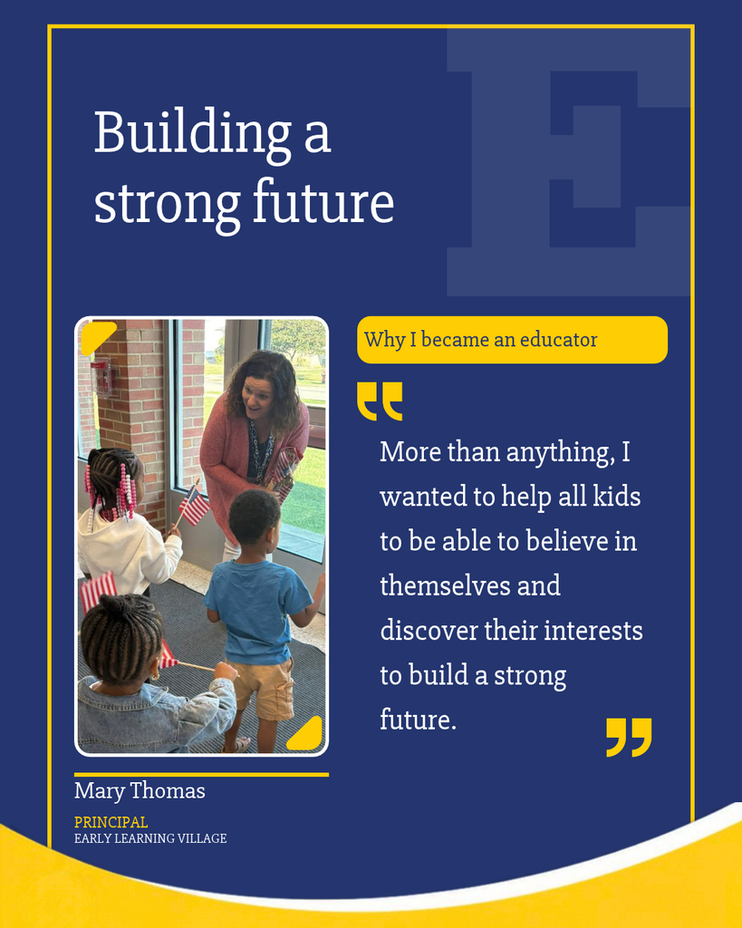 A principal stands by a window with young children, one holding a flag. A quote about building a strong future is included.