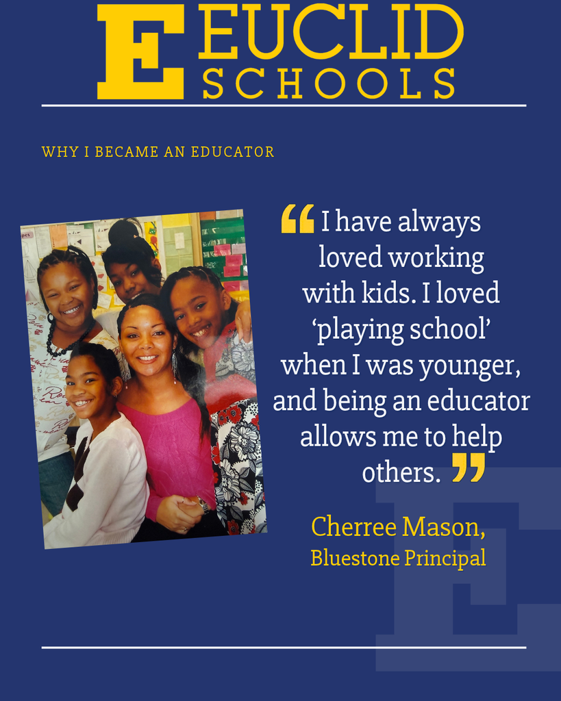 Blue background with text "Why I Became an Educator" and quote by Cherree Mason, Bluestone Principal, with image of smiling girls.