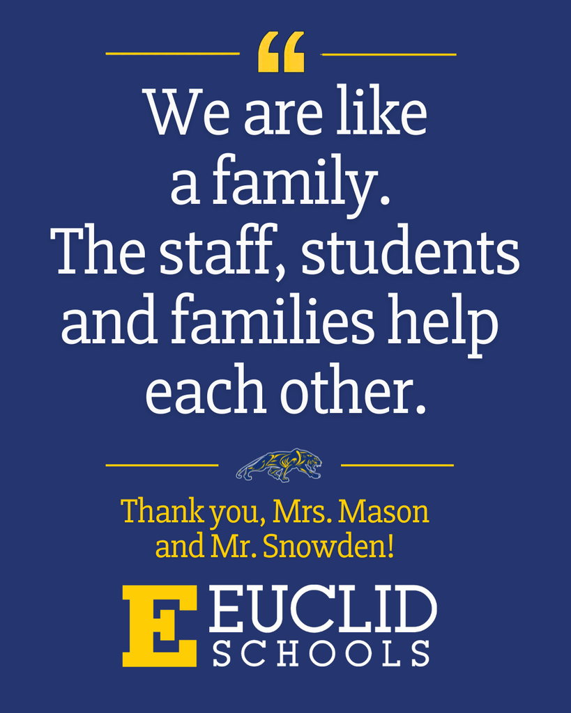 Blue background with yellow and white text. Text reads: "We are like a family. The staff, students and families help each other."