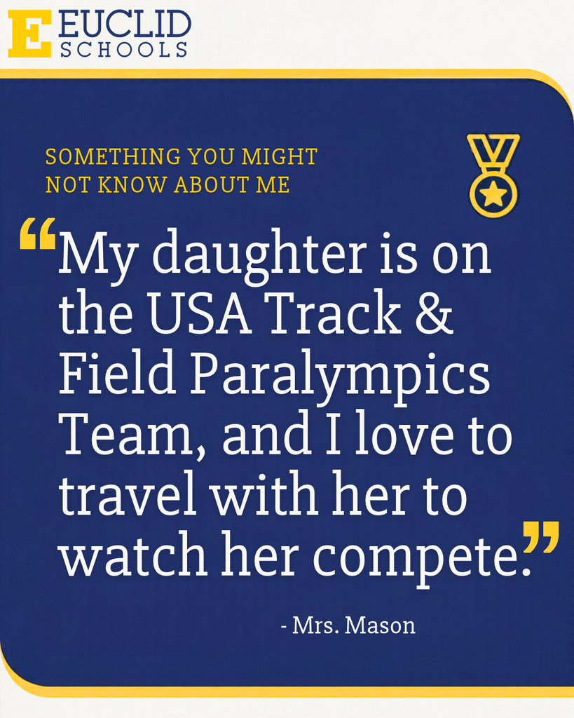 Blue and white graphic with yellow border. Text reads: "My daughter is on the USA Track & Field Paralympics Team."