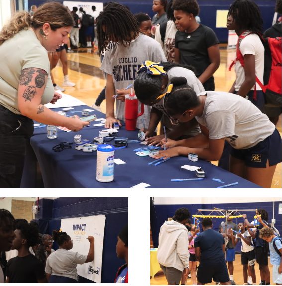 A collage of photos showing attendees participating in different stations. Photo 1: students testing their pulse. Photo 2: students signing an interactive message. Photo 3: attendees testing their reaction times.