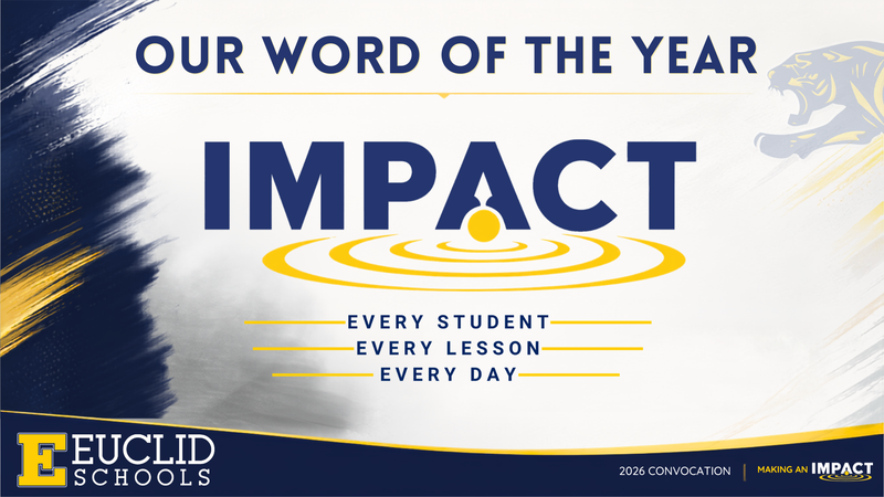 IMPACT slide from Convocation. A blue, gold and white background with a slide titled "Our Word of the Year"