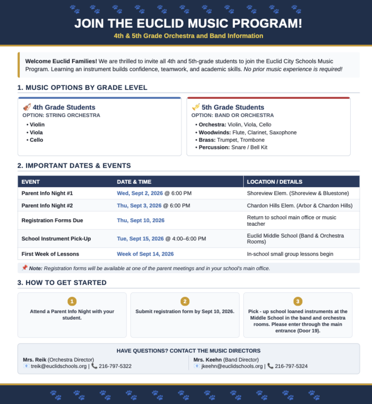 Flyer inviting Euclid fourth- and fifth-grade students to join the district’s orchestra or band programs.
