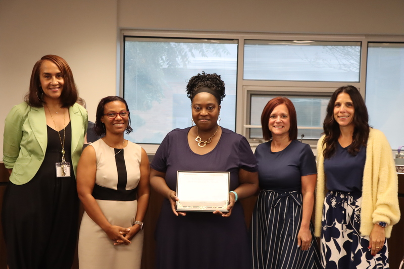 Paula Johnson with Board President Gabrielle Kelly, Superintendent Karen Brown, Chardon HIlls Principal Deana Stinchcomb and Asst. Principal Jamie Mediate