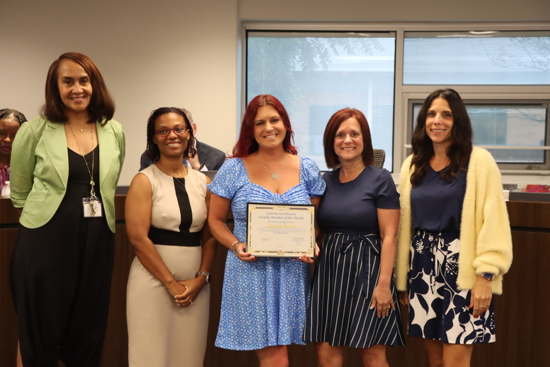 Alyssa Rowe with Board President Gabrielle Kelly, Superintendent Karen Brown, Chardon HIlls Principal Deana Stinchcomb and Asst. Principal Jamie Mediate