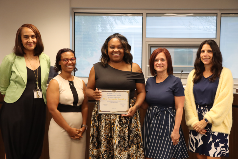 Mrs. Camella Bradleywith Board President Gabrielle Kelly, Superintendent Karen Brown, Chardon HIlls Principal Deana Stinchcomb and Asst. Principal Jamie Mediate