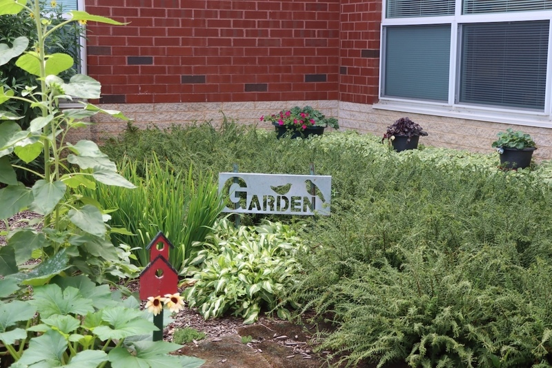 A sign that says "Garden" staked in a small field of green plants. The brick corner of a building in the background.