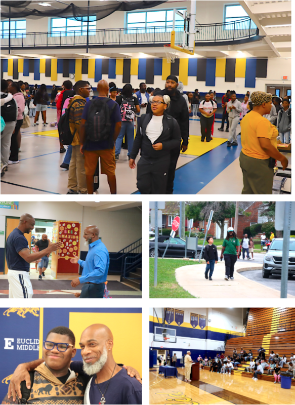 Five-photo collage of Euclid Schools’ Fathers Walk eaturing students and adults gathering in a gym, two adults greeting each other, an adult and child walking toward school, an adult and student posing together, and a speaker addressing families in gym bleachers.