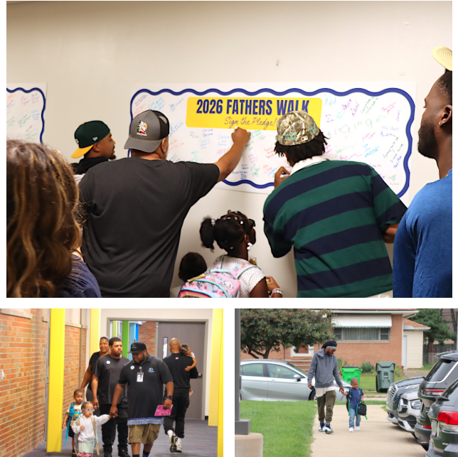 Three-photo collage from Euclid Schools’ Fathers Walk showing adults signing a “2026 Fathers Walk—Sign the Pledge” banner, adults accompanying children through a school hallway, and an adult holding a child’s hand as they walk toward school.