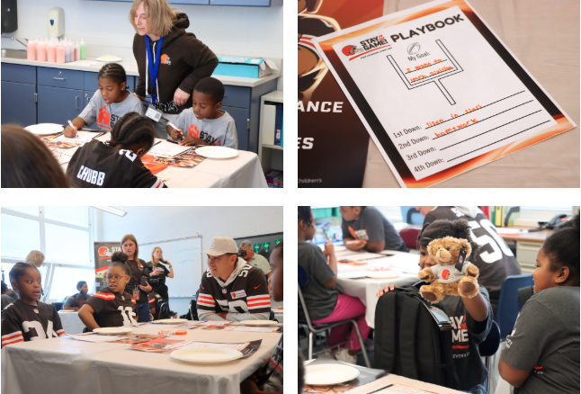 Four-photo collage of Bluestone Elementary’s Stay in the Game! visit showing students completing activities with a staff member, an attendance goal worksheet, Rex Sunahara talking with students at a table, and a student holding up a stuffed dog.