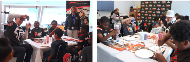 Two-photo collage of Cleveland Browns player Rex Sunahara joining Bluestone Elementary students in a sand art activity. Students fill small bottles with colored sand at classroom tables while staff assist.