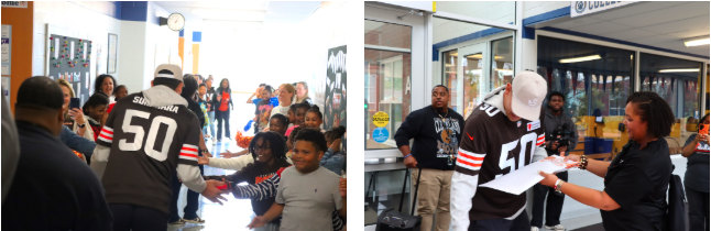 Two-photo collage of Cleveland Browns player Rex Sunahara greeting students in a Bluestone Elementary hallway and signing a sheet of paper held by Ms. Mason near the school entrance.