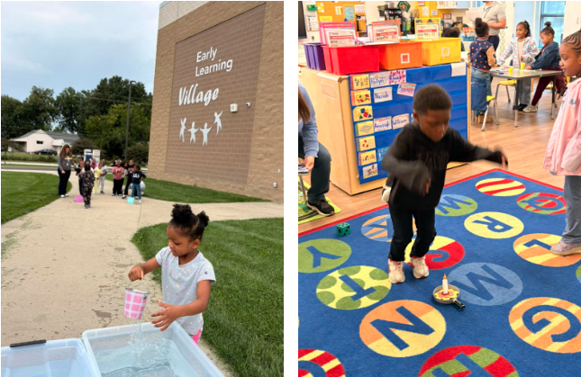 Two-photo collage of Early Learning Village activities showing a child pouring water from a pink cup into a clear bin outside the school and another child jumping on a colorful alphabet rug beside a small toy in a classroom.