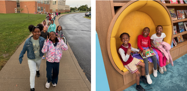 Two-photo collage showing students walking together on a sidewalk outside a school and three students smiling in a large, round yellow reading nook beside library bookshelves.