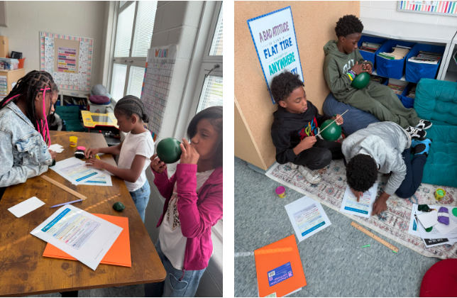 Two-photo collage showing students inflating green balloons, using straws and modeling clay, and completing worksheets at a classroom table and on a rug.