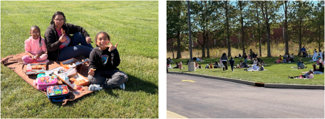 Two-photo collage of an outdoor school picnic showing an adult and two children sharing lunch on a blanket, and families gathered on blankets across a grassy area beneath trees.