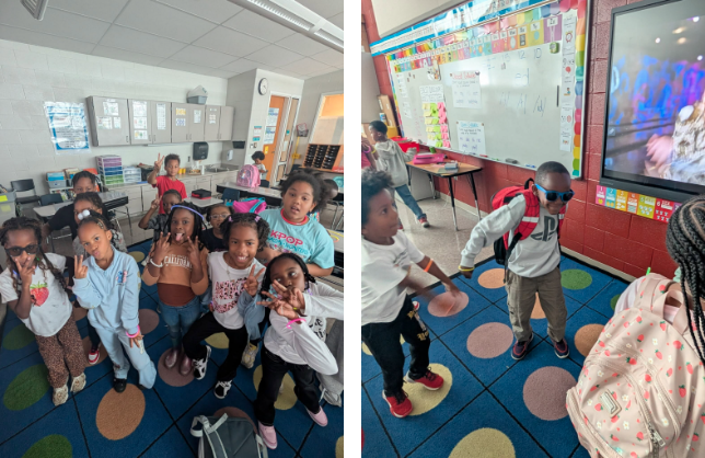 Two-photo collage of students posing together in a classroom and dancing on a colorful rug beside a screen playing a video.
