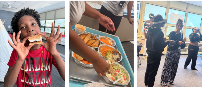 Three-photo collage showing a student holding a s’more, food being served from trays, and students and an adult using virtual reality headsets in a classroom.