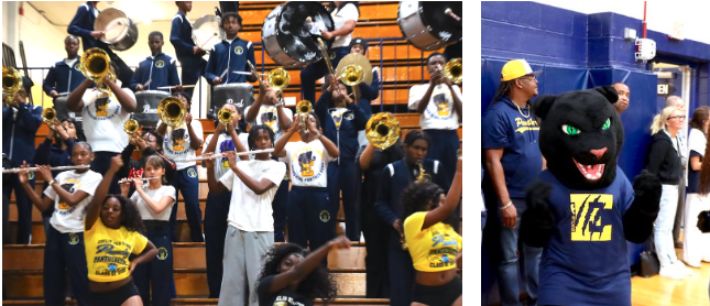 Two-photo collage of Euclid High School band members playing in the gym bleachers and the Panther mascot raising its paws during the Homecoming pep rally.